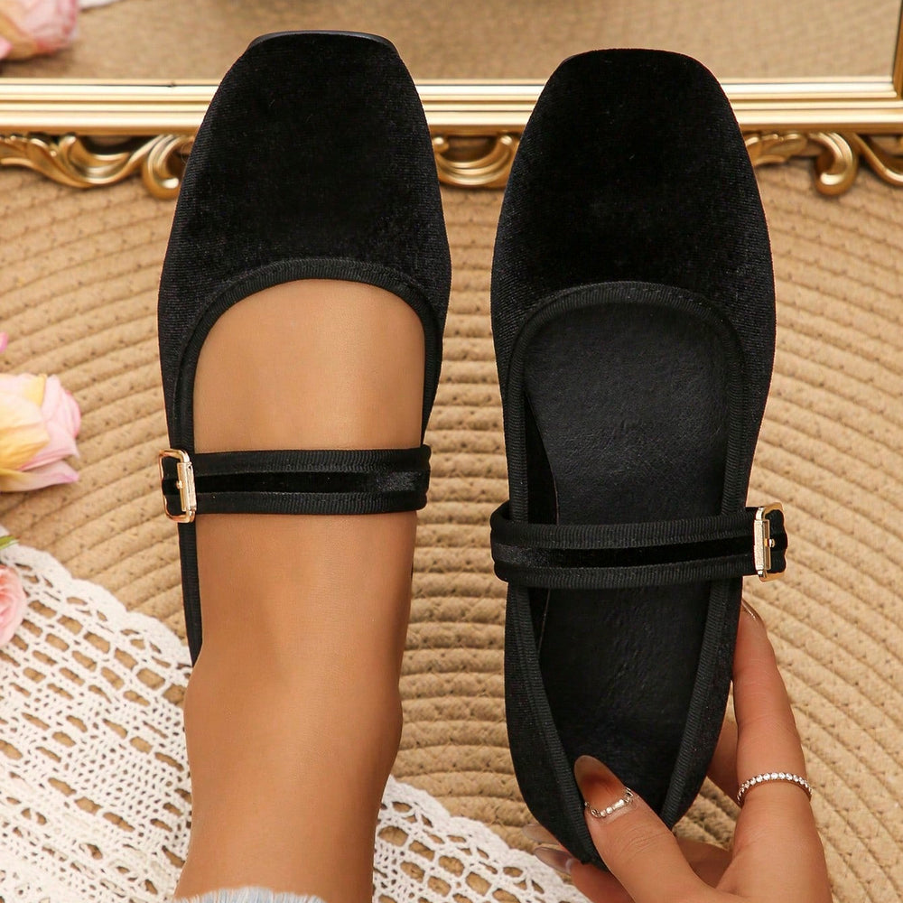 Black Velvet Square Toe Flat