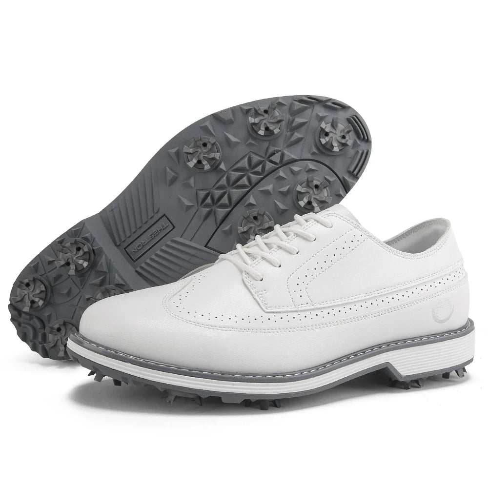 White lace-up golf shoe with cleated outsole, side view