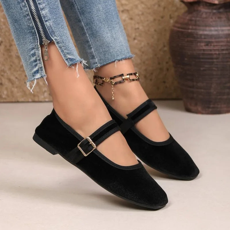 Black Velvet Square Toe Flat