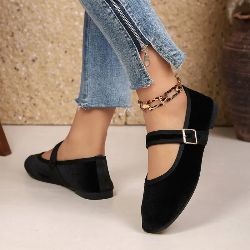 Black Velvet Square Toe Flat