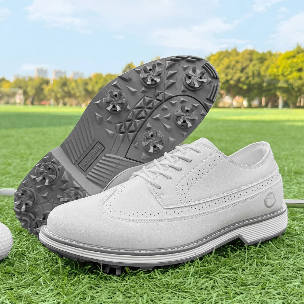 Cleated sole of the white golf shoe