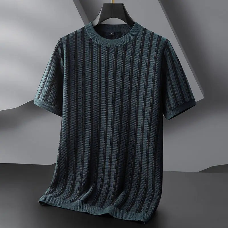 Vietri jacquard stripe knit tee in navy, hanging view