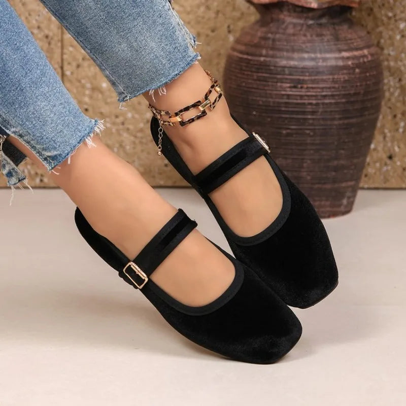 Black Velvet Square Toe Flat