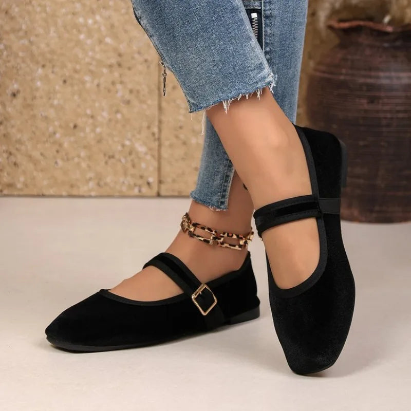 Black Velvet Square Toe Flat
