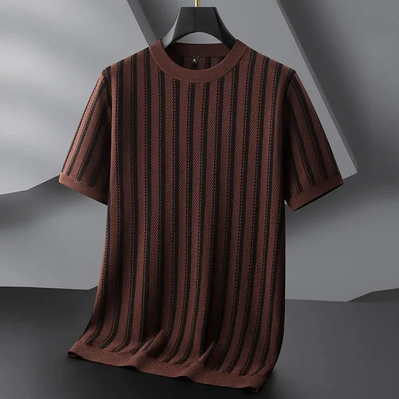 Vietri jacquard stripe knit tee in rust, hanging view