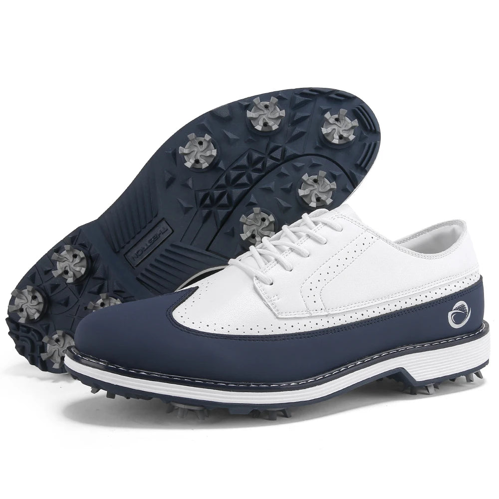 White and blue golf shoe, side view