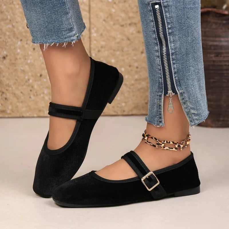 Black Velvet Square Toe Flat