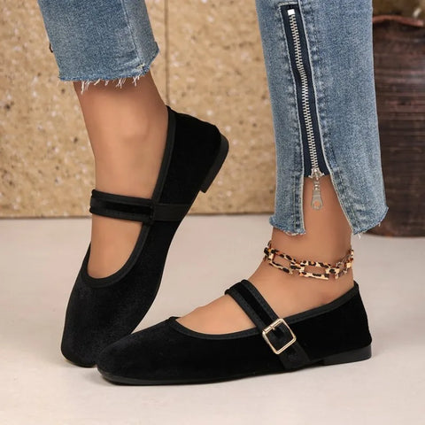 Black Velvet Square Toe Flat