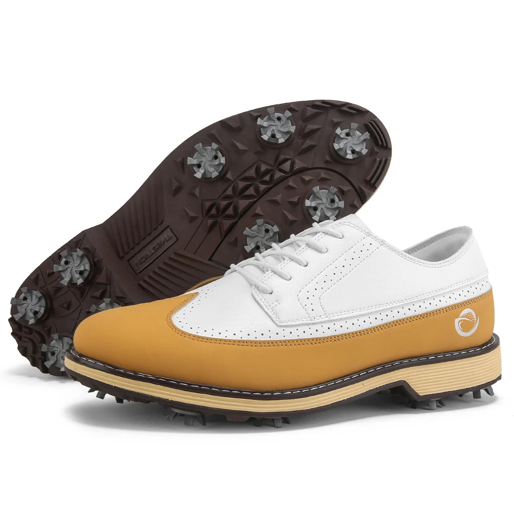 White and brown golf shoe, side view