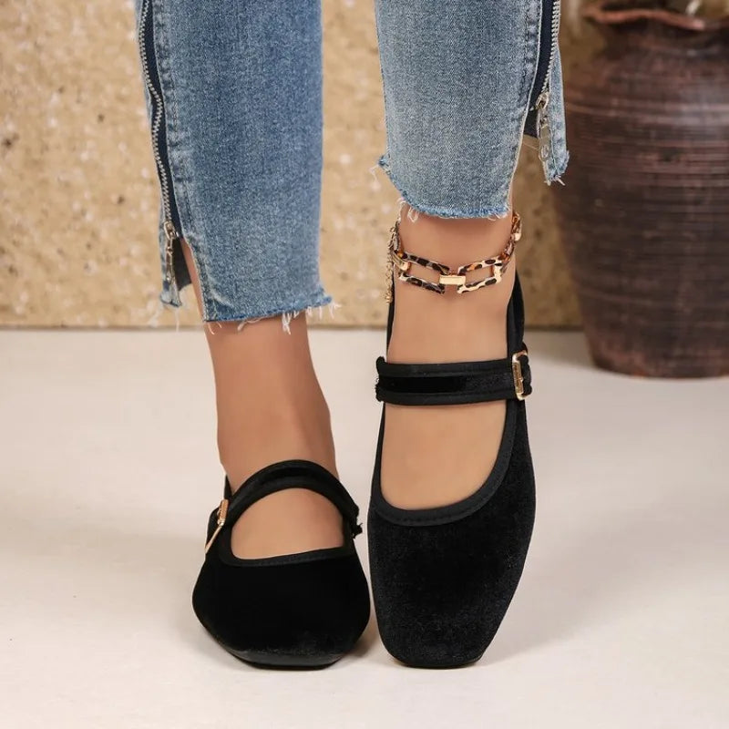 Black Velvet Square Toe Flat