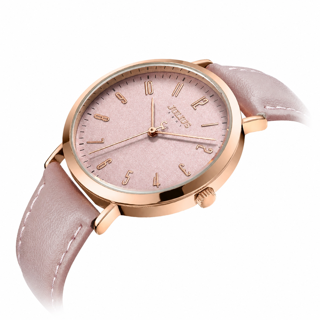 Lucca leather strap watch in pink, three-quarter view