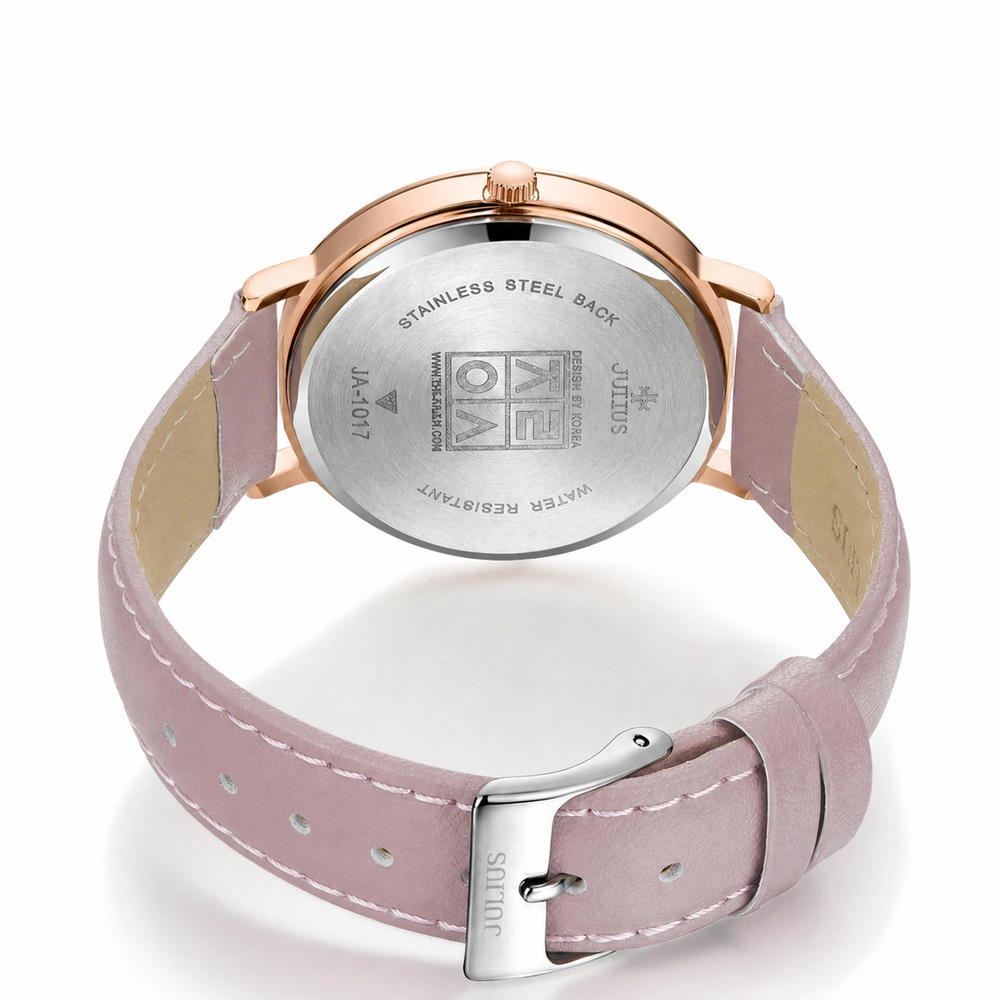 Lucca leather strap watch in pink, caseback and buckle