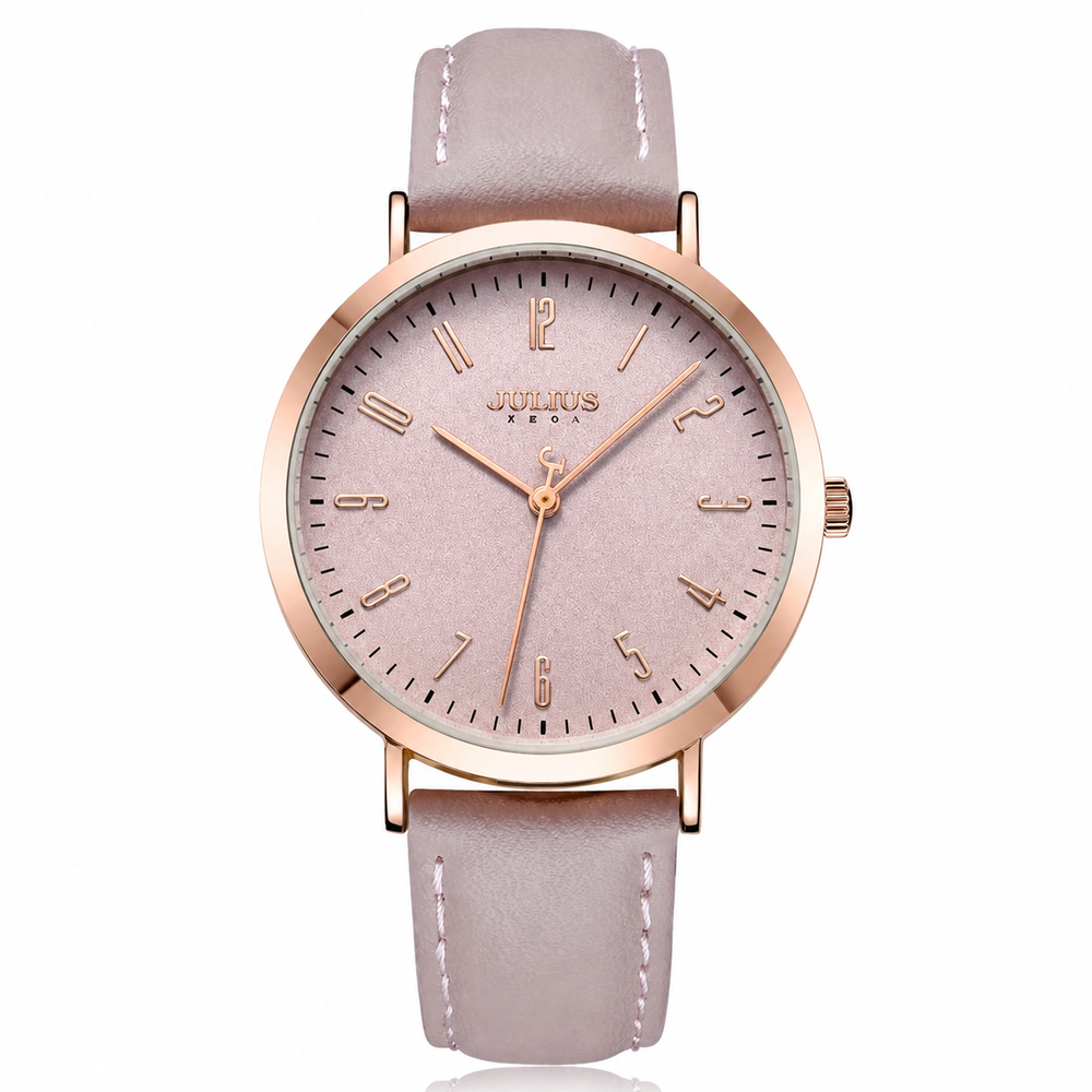Lucca leather strap watch in pink, front view