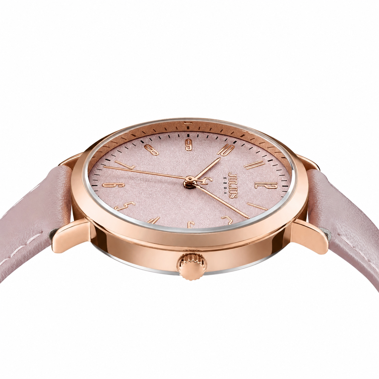 Lucca leather strap watch in pink, low side profile
