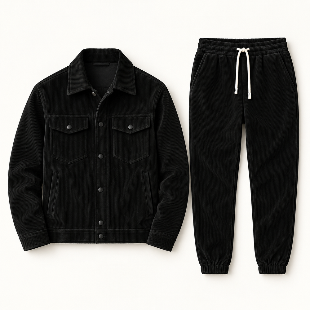 Modena Corduroy Jacket & Jogger Set in Black — studio flat lay