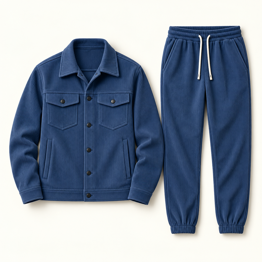 Modena Corduroy Jacket & Jogger Set in Blue — studio flat lay