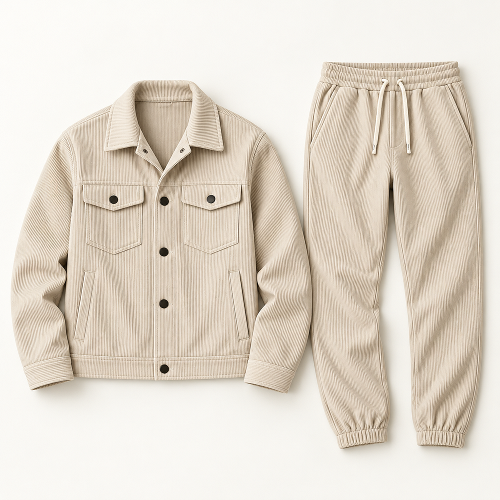 Modena Corduroy Jacket & Jogger Set in Khaki — studio flat lay