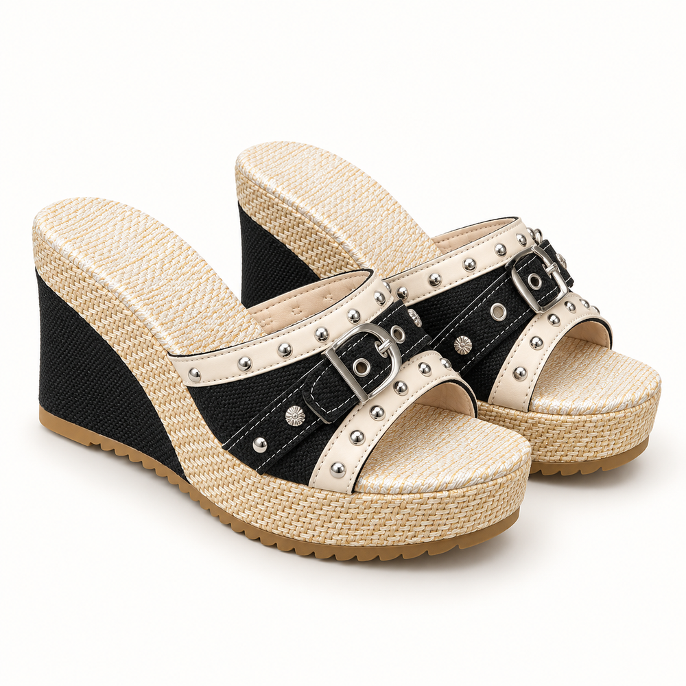 Positano Studded Wedge Sandals in black — studio three-quarter view