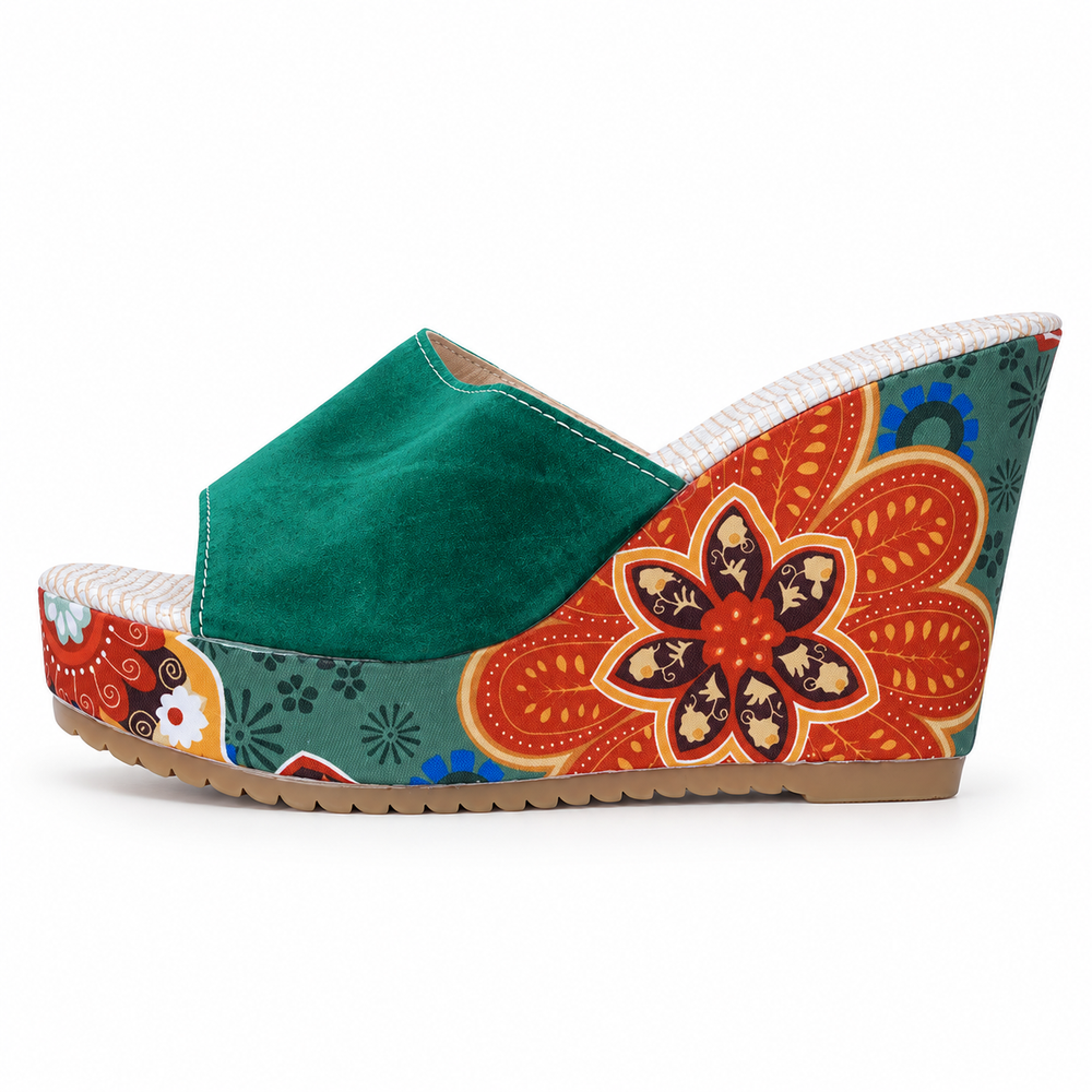 Positano Floral Wedge Sandals in Green, side view