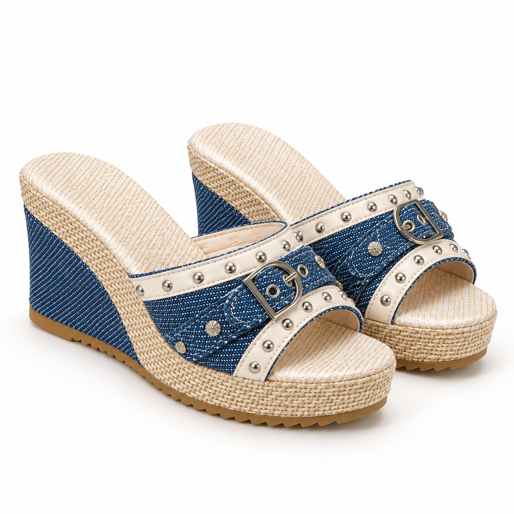 Positano Studded Wedge Sandals in navy — studio three-quarter view