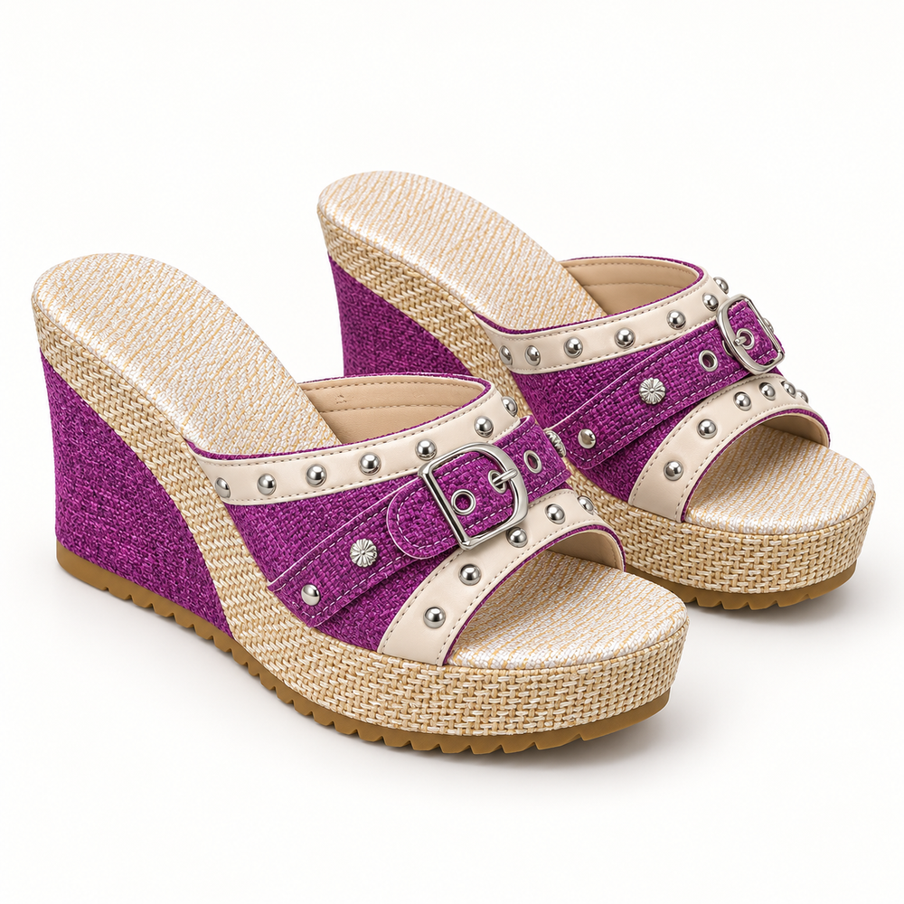 Positano Studded Wedge Sandals in purple — studio three-quarter view