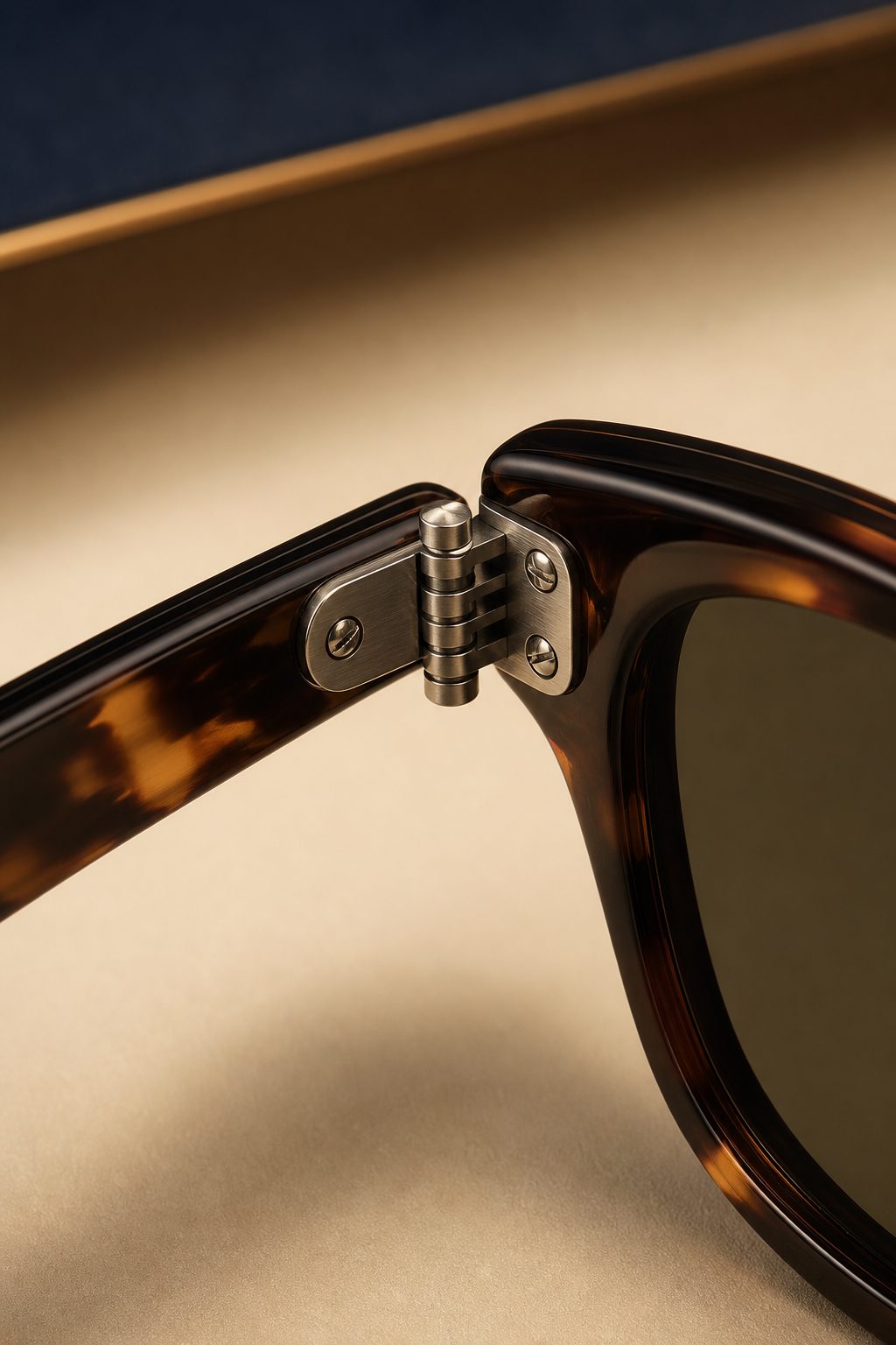 Close detail of a hand-finished sunglass hinge