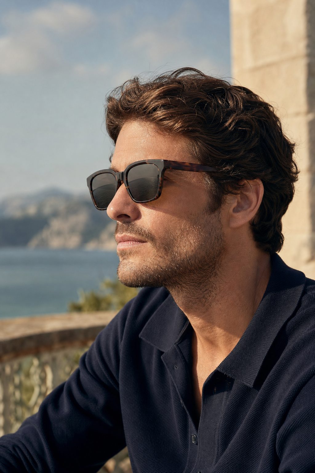 Model wearing sunglasses in side profile
